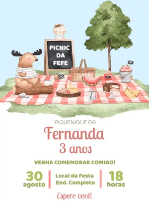 Convite de Aniversário Piquenique Aquarela para Editar Online