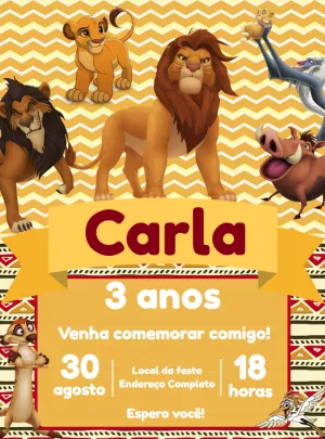 Convite Aniversário Rei Leão com Personagens para Editar Online