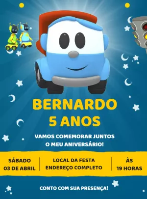 Convite de Aniversário Léo o Caminhão para Editar Online