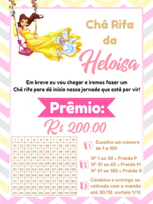 Chá Rifa Princesa Bela: Convite Editável para Imprimir
