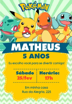 Convite de Aniversário Pokémon com Personagens para Editar Online