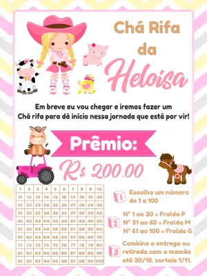 Convite Chá Rifa Fazendinha Menina para Editar Online