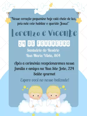 Convite de Batizado de Irmãos com Anjinhos para Editar Online