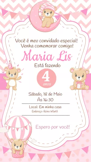 Convite Aniversário Ursinha Baby Fofa para Editar Online