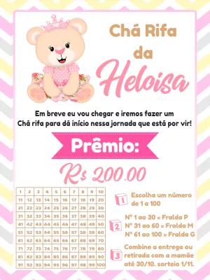 Convite Chá Rifa Ursinha Princesa para Editar Online