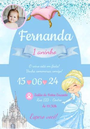 Convite Aniversário Cinderela com Foto para Editar Online
