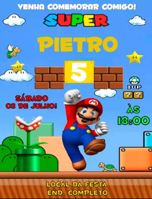 Convite de Aniversário Super Mario Bros Editável Online