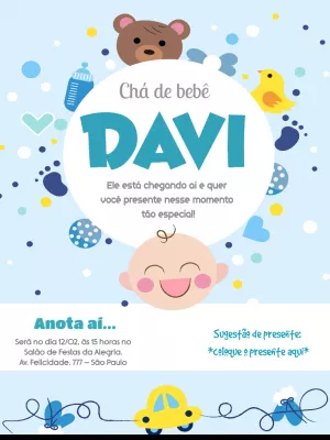 Convite Chá de Bebê Ursinho Azul para Editar Online