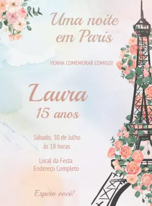 Convite de Aniversário Paris Floral para Editar Online