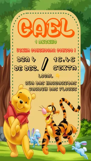 Convite Aniversário Ursinho Pooh e Tigrão para Editar Online
