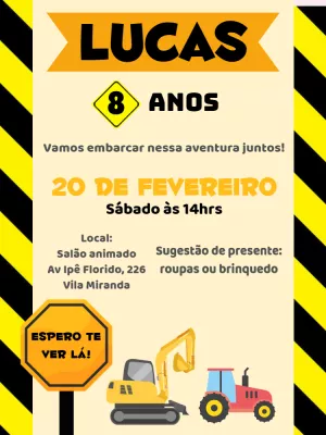 Convite de Aniversário Trator e Construção para Editar Online