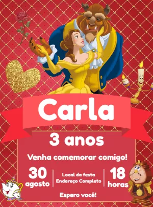 Convite de Aniversário A Bela e a Fera para Editar Online