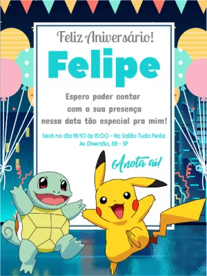 Convite Aniversário Pokémon com Pikachu e Squirtle para Editar
