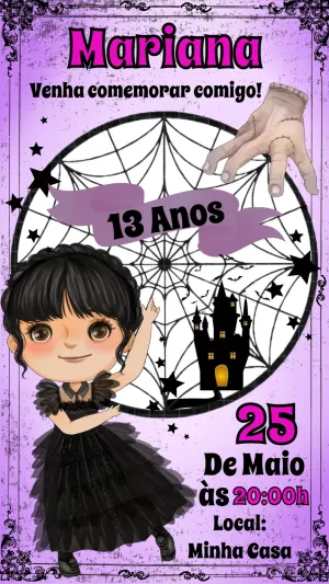 Convite de Aniversário Wandinha Addams para Editar Online