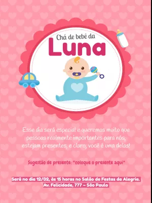 Convite Chá de Bebê Menina Rosa com Bebê Fofo para Editar