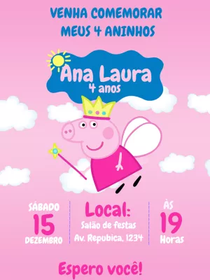 Convite Aniversário Peppa Pig Princesa para Editar Online