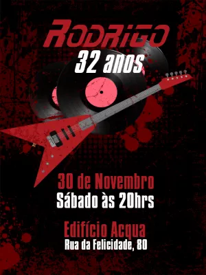 Convite de Aniversário Rock n Roll com Guitarra para Editar