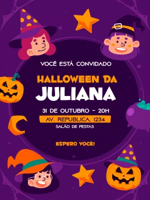 Convite de Aniversário Halloween com Bruxas para Editar Online