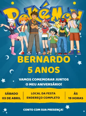 Convite de Aniversário Pokémon com Personagens para Editar Online