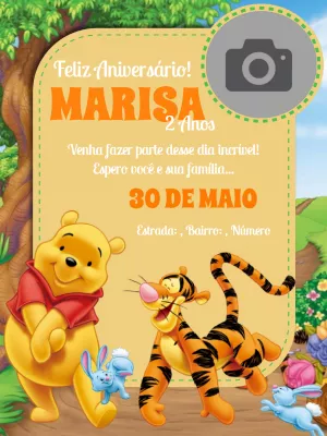 Convite de Aniversário Ursinho Pooh com Foto para Editar