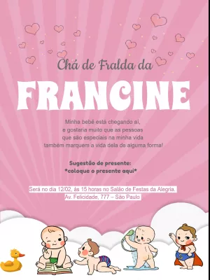 Convite Chá de Fraldas Menina Rosa com Bebês para Editar Online