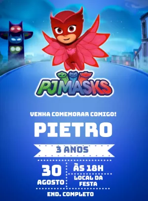 Convite de Aniversário PJ Masks Corujita para Editar Online