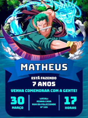 Convite Aniversário One Piece Zoro para Editar Online