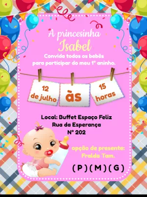 Convite Aniversário 1 Ano Menina com Balões para Editar Online