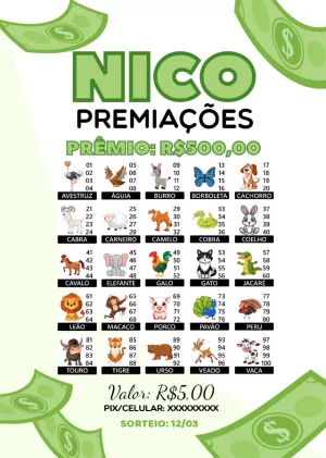 Cartela de Rifa de Animais com 100 Nomes para Editar