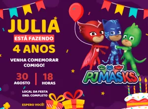 Convite de Aniversário PJ Masks com Heróis para Editar Online