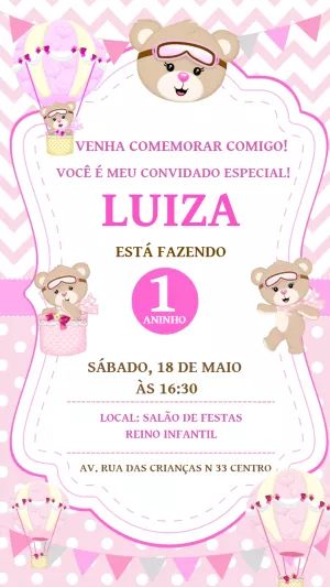 Convite Aniversário Ursinha Baloeira para Editar Online