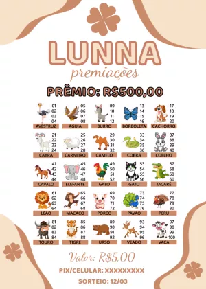 Cartela de Rifa de Animais Editável Online para Sorteio