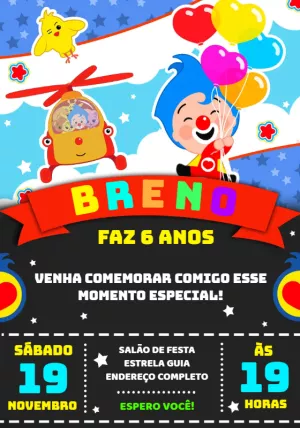 Convite de Aniversário Palhaço Plim Plim para Editar Online
