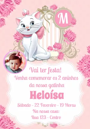 Convite Aniversário Gatinha Marie com Foto para Editar Online