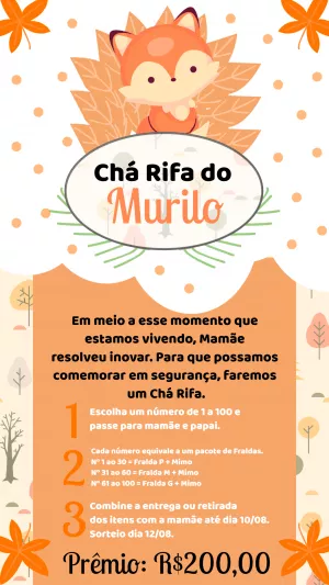 Convite Chá Rifa Raposinha Menino para Editar e Enviar Online