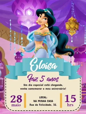 Convite Aniversário Princesa Jasmine para Editar Online