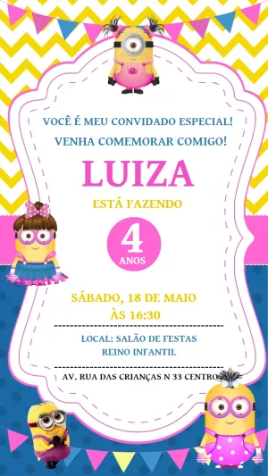 Convite Aniversário Minions Rosa para Editar Online