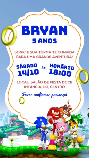 Convite de Aniversário Sonic e sua Turma para Editar Online