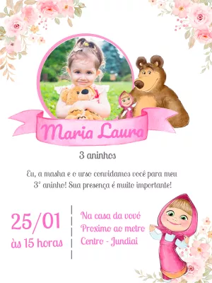 Convite Aniversário Masha e o Urso com Foto para Editar Online