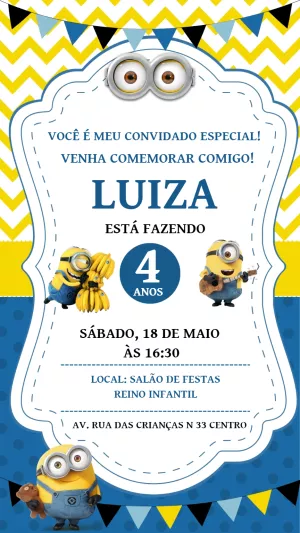 Convite de Aniversário Minions Azul para Editar e Imprimir