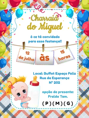 Convite Charraiá Chá de Bebê Junino para Editar Online