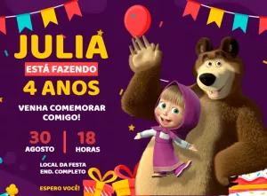 Convite de Aniversário Masha e o Urso para Editar Online