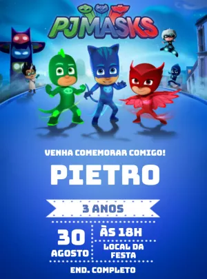 Convite Aniversário PJ Masks Azul para Editar Online