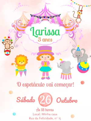 Convite de Aniversário Circo Rosa com Animais para Editar