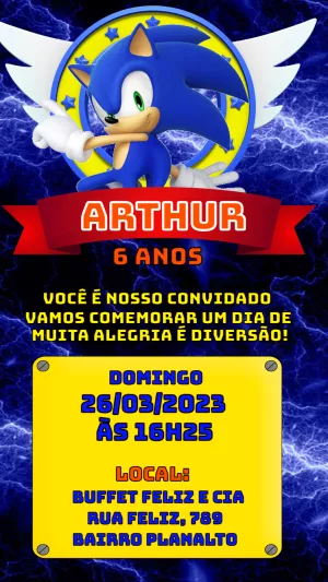 Convite de Aniversário Sonic para Editar e Imprimir