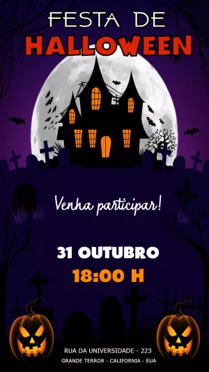 Convite de Halloween Assustador com Casa Mal-Assombrada Editável