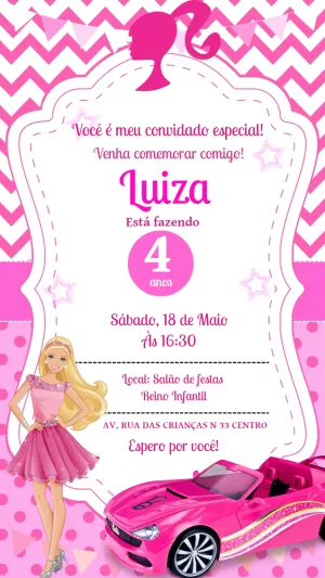 Convite de Aniversário Barbie com Carro para Editar Online