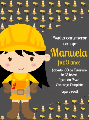 Convite Aniversário Construção Menina para Editar Online