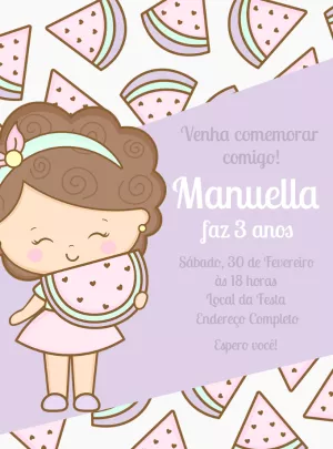 Convite Aniversário Melancia com Menina para Editar Online