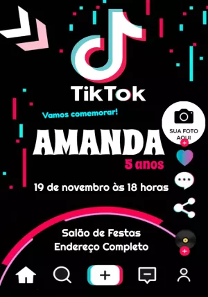 Convite Aniversário Tiktok com Foto para Editar Online